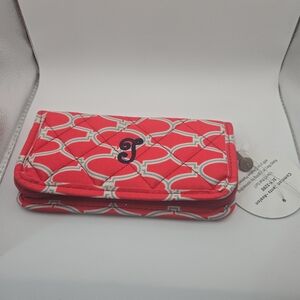 ✨ Initials Inc Quilted Zip Wallet | Coral & Mint Geometric | Monogram “J” ✨